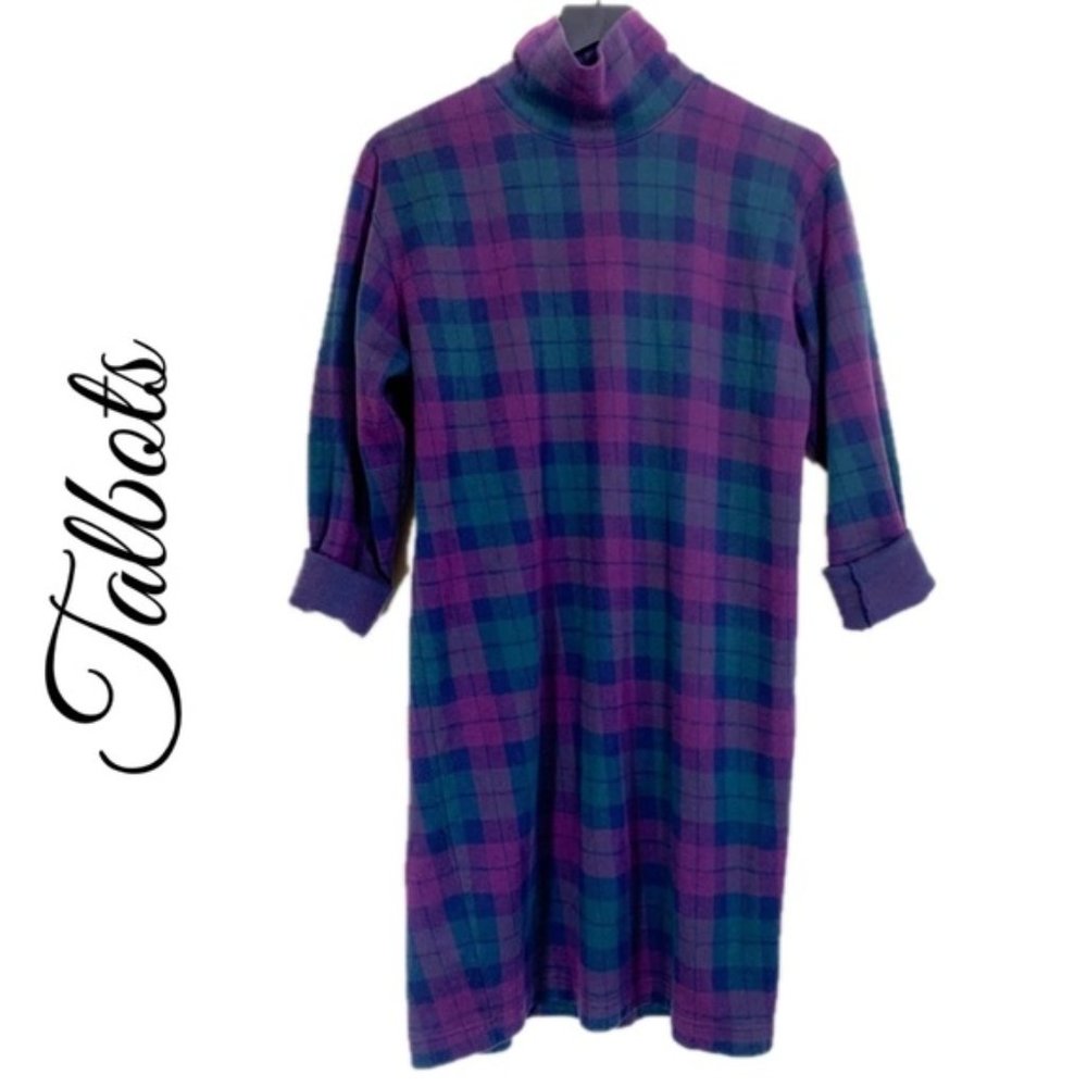 TALBOTS VINTAGE PLAID TURTLENECK LONG SLEEVE DRESS